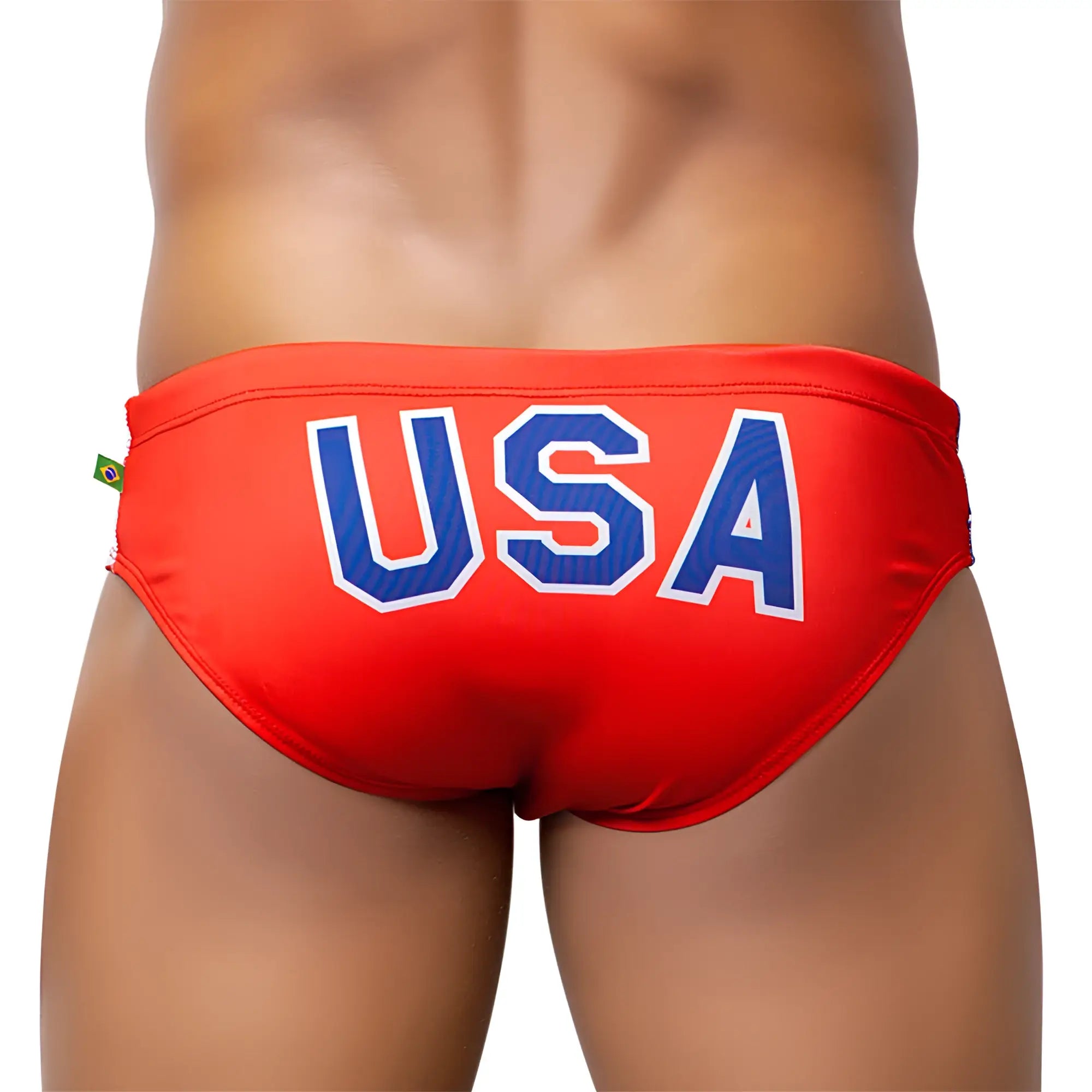 Team usa flag print sunga men’s swimwear featuring red trunks with bold blue usa lettering and a brazilian flag tag