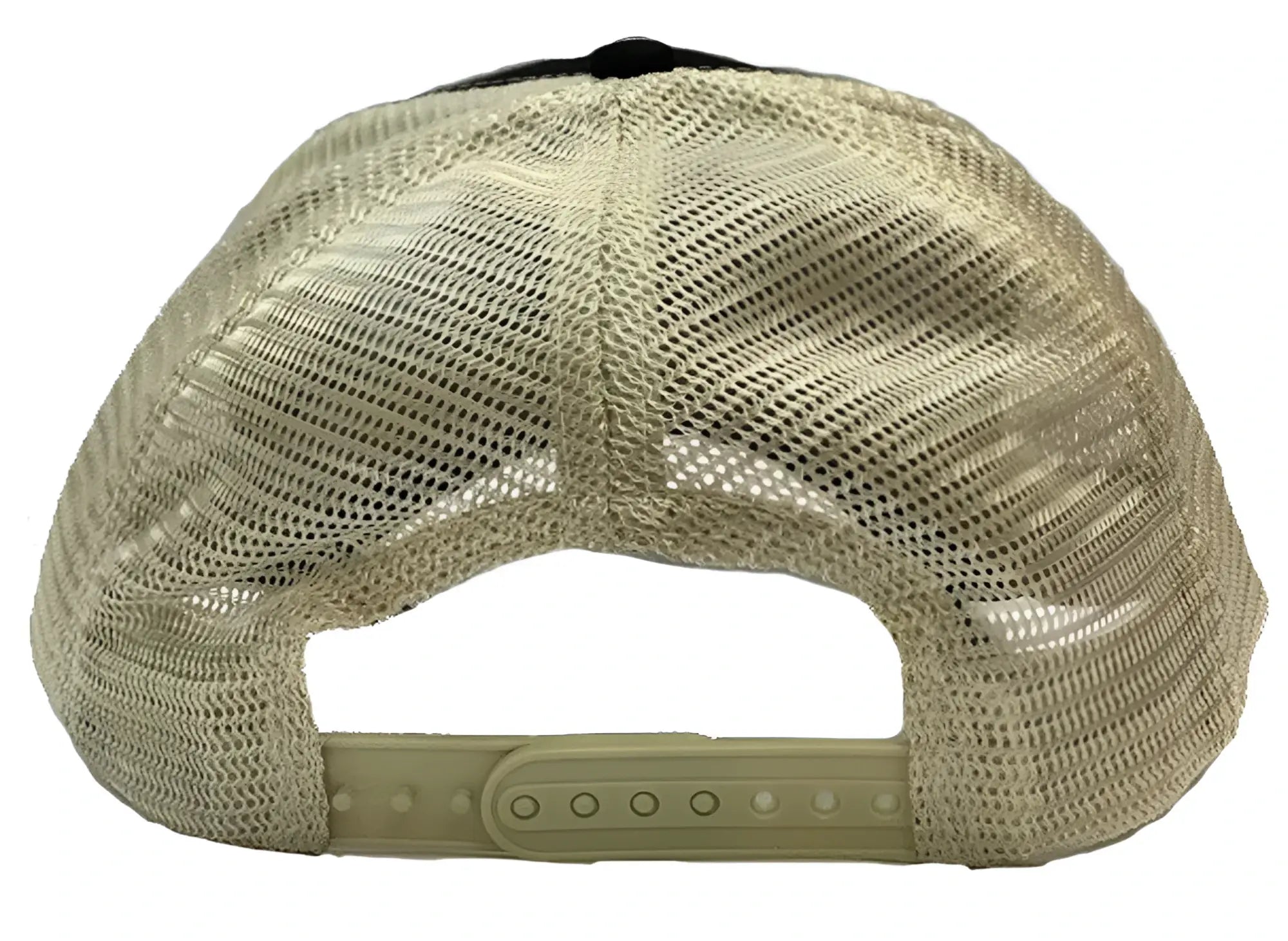 Tech bear cap beige mesh trucker hat with black fabric top and adjustable plastic strap shown from the back side