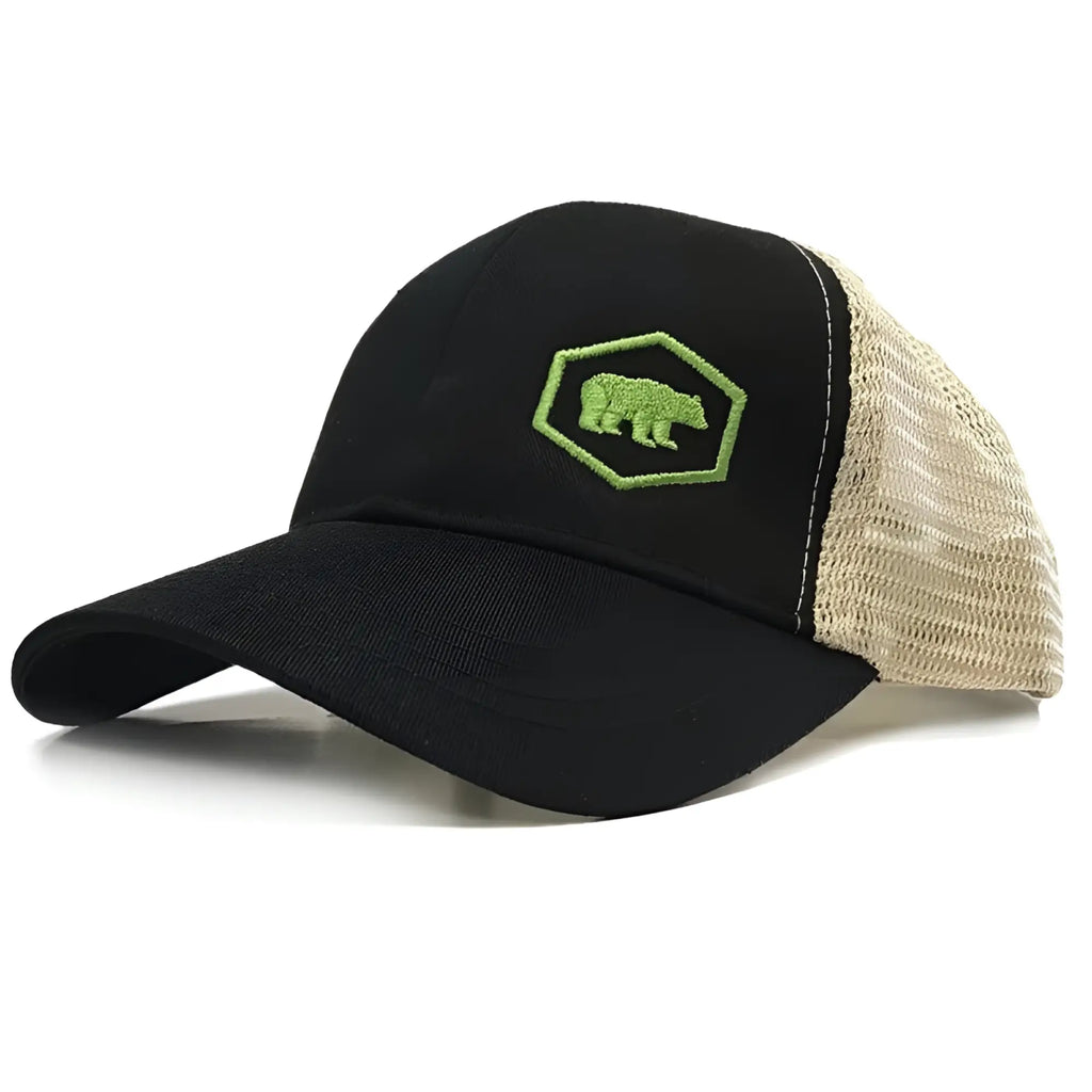 Black and beige trucker hat with lime green embroidered bear logo in hexagon front for Tech Bear Cap product