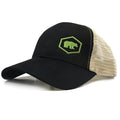 Black and beige trucker hat with lime green embroidered bear logo in hexagon front for Tech Bear Cap product