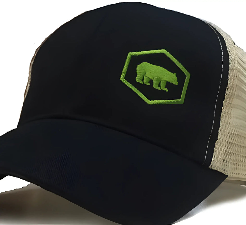Black trucker hat with lime green embroidered bear inside hexagon on front panel tech bear cap