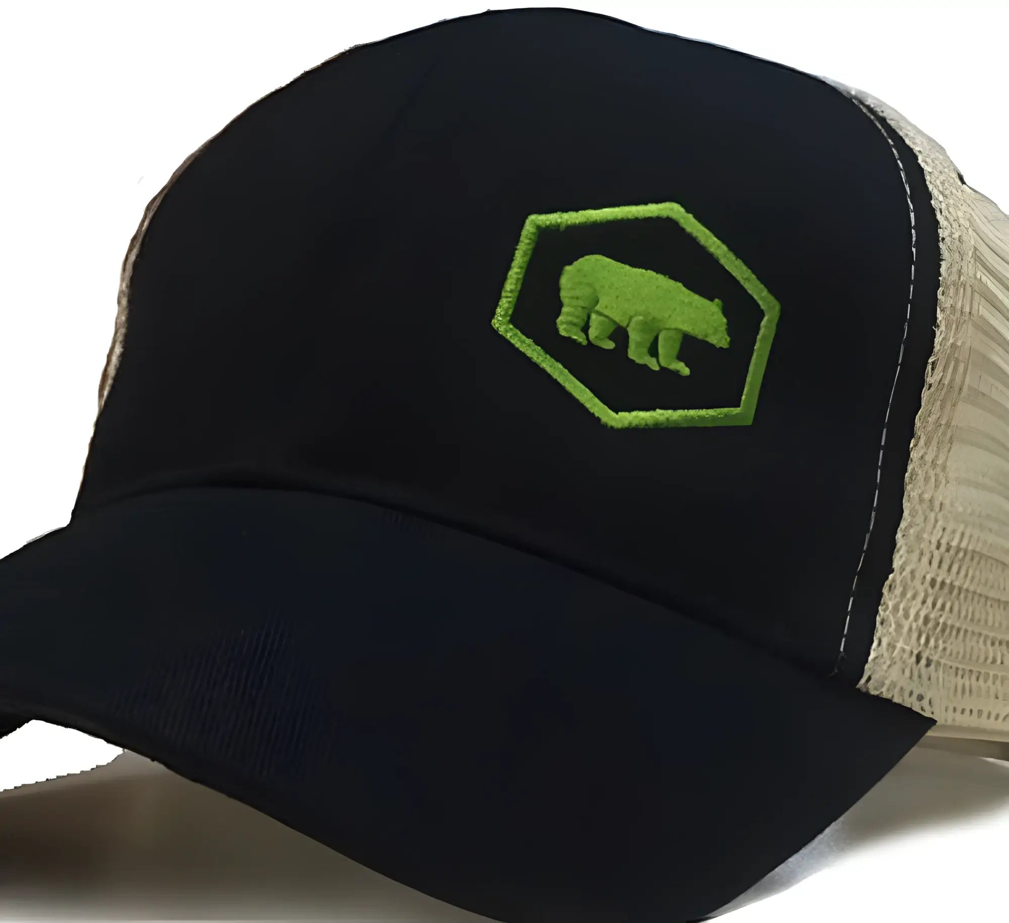 Black trucker hat with lime green embroidered bear inside hexagon on front panel tech bear cap