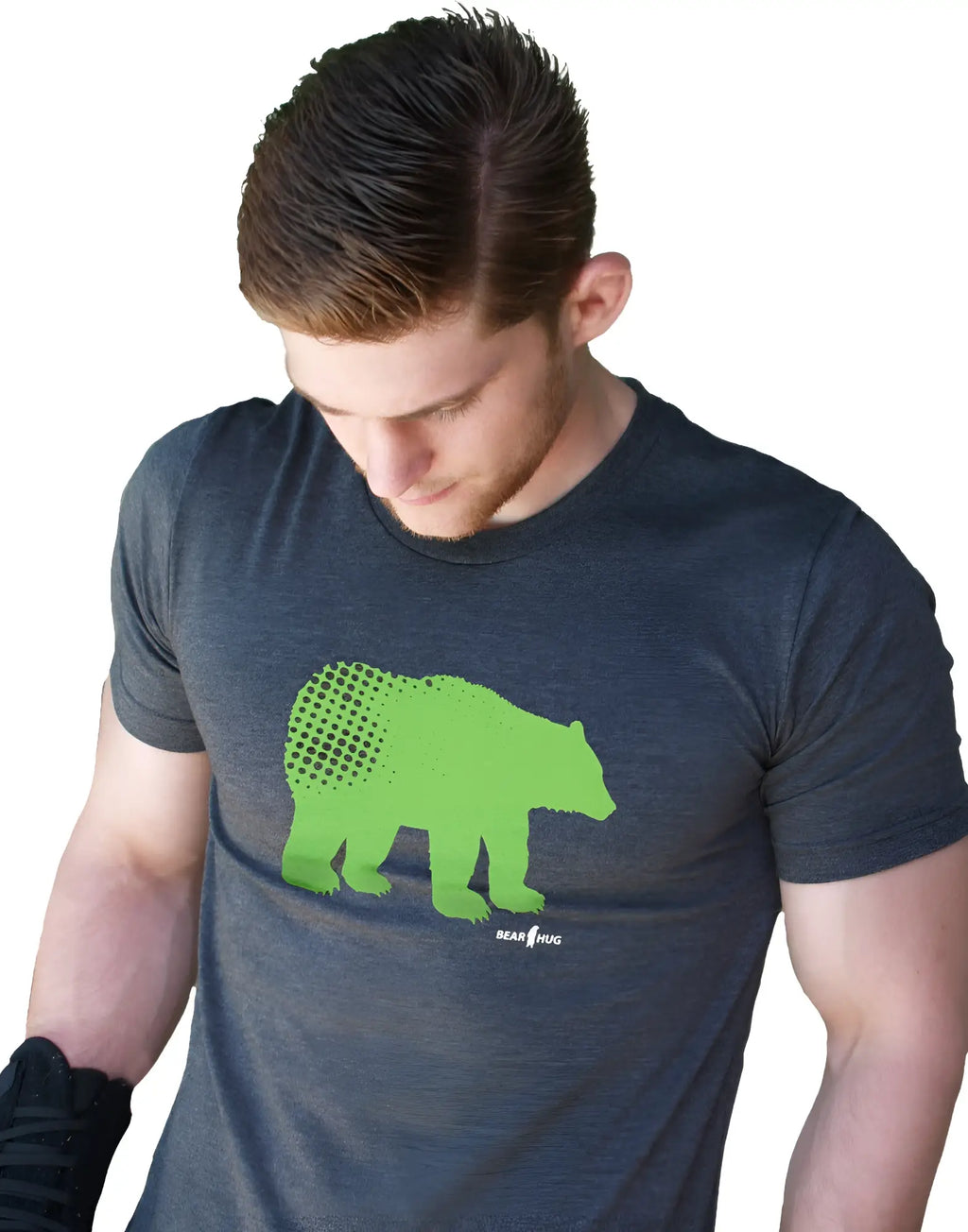Dark heather gray short-sleeved premium heather t-shirt with vibrant lime green bear graphic and bear hug logo below