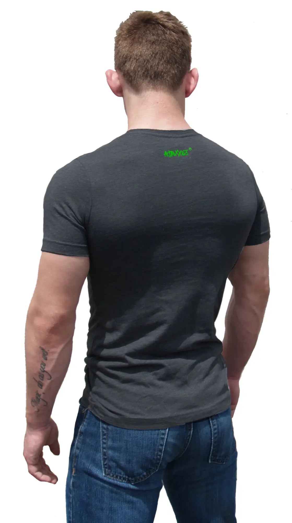 Tech bear premium heather dark gray short-sleeved t-shirt with small green airkiss logo on back neckline visible