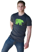 Dark gray premium heather short-sleeved t-shirt with a vibrant lime green halftone bear graphic called Tech Bear