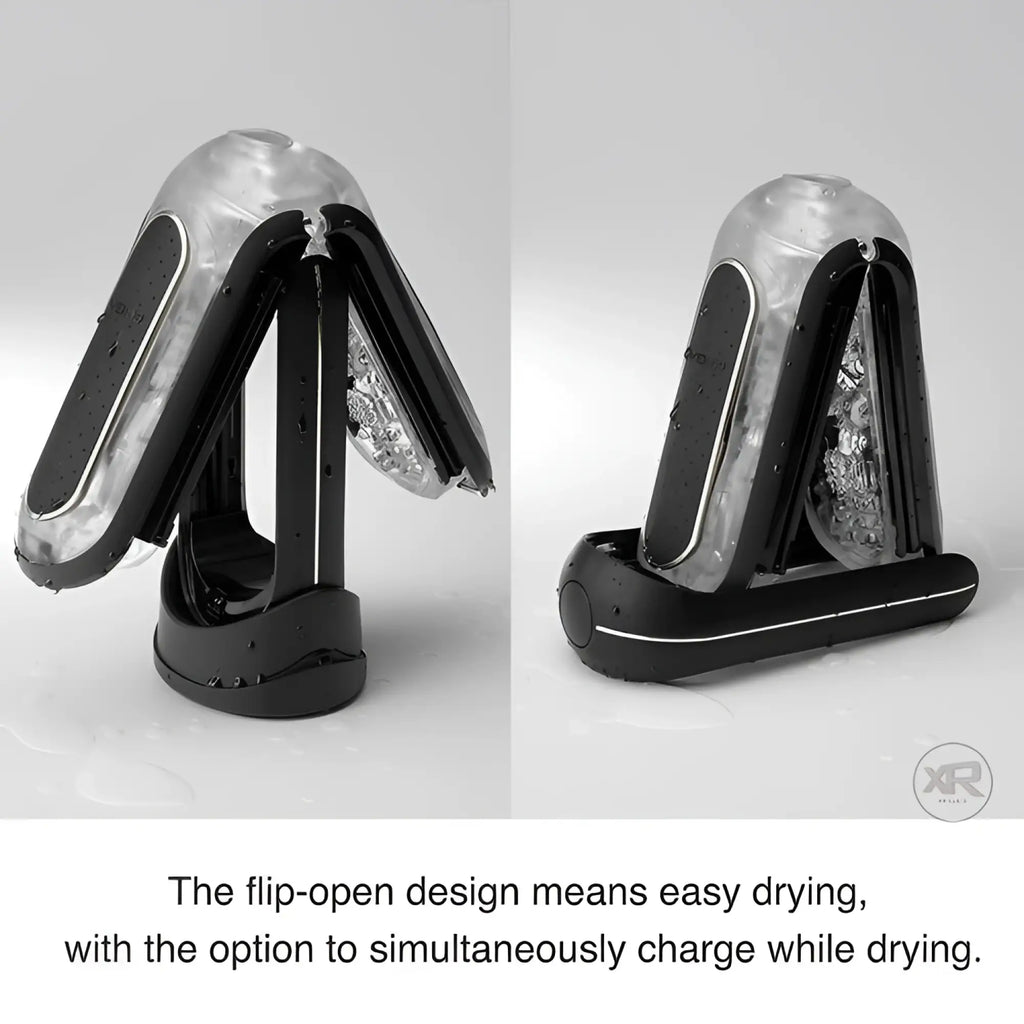 Tenga Black Flip 0-Zero electronic stroker, shown half-open to illustrate its flip-open design for easy drying.