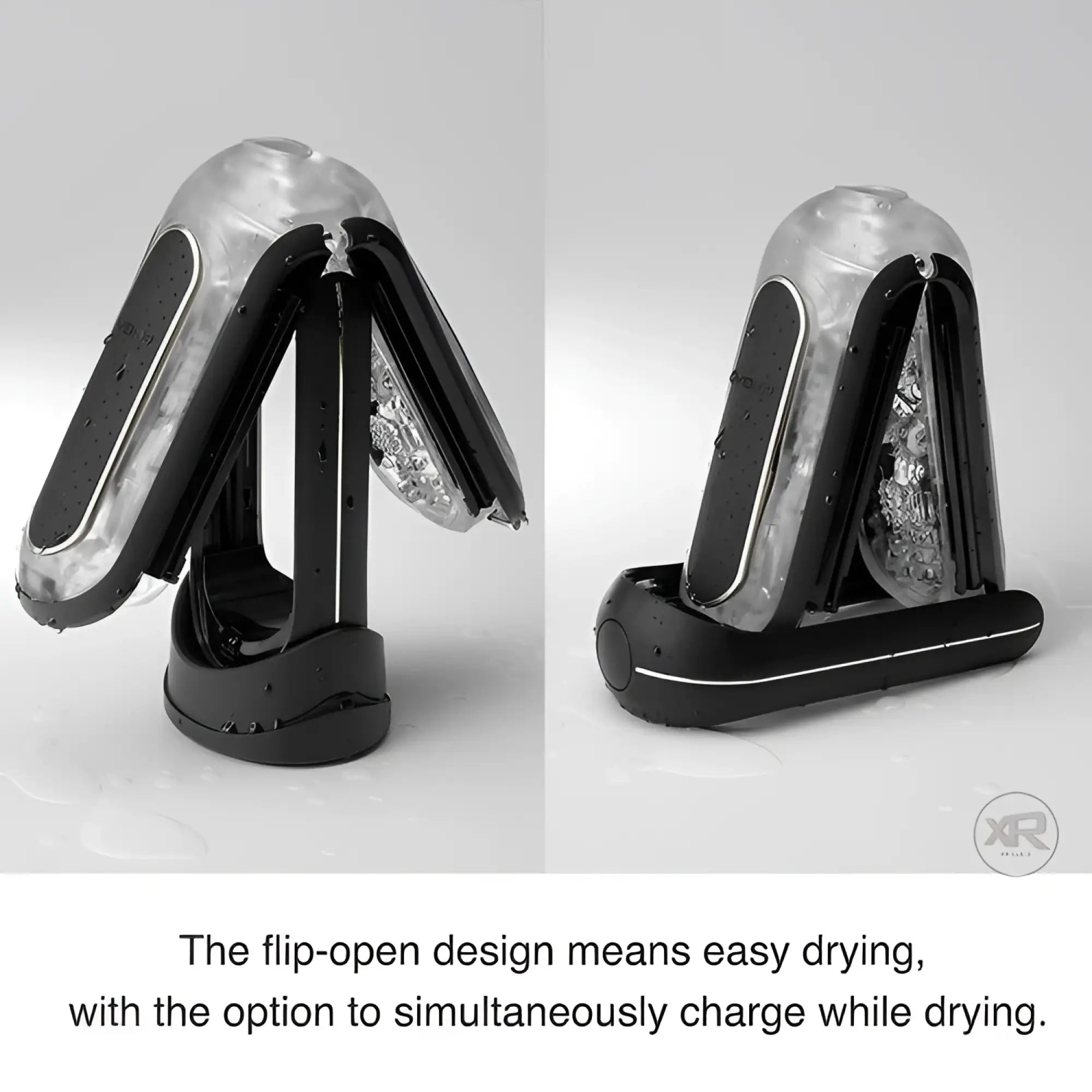 Tenga Black Flip 0-Zero electronic stroker, shown half-open to illustrate its flip-open design for easy drying.