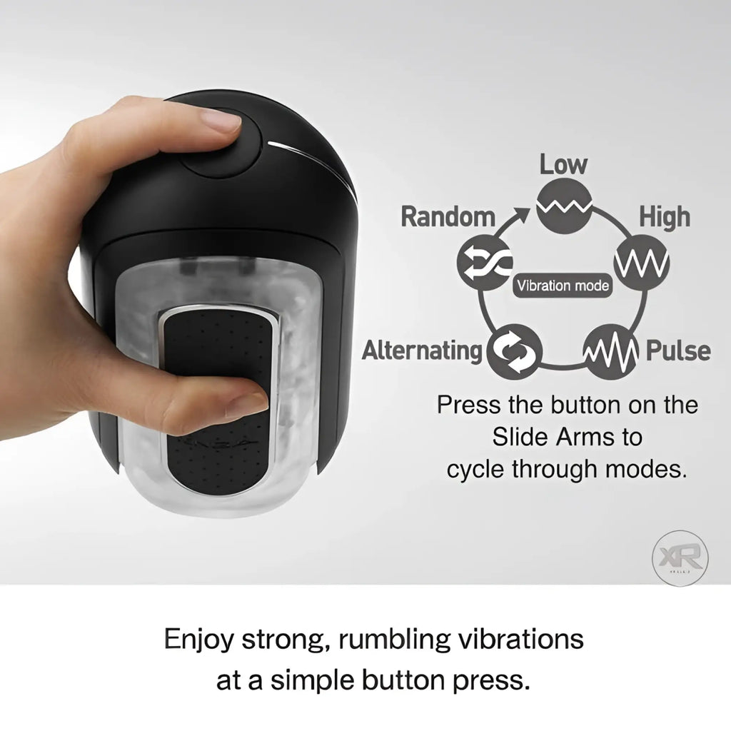 Tenga Black Flip 0-Zero stroker held in hand, showing a diagram of five vibration mode settings with button instructions.