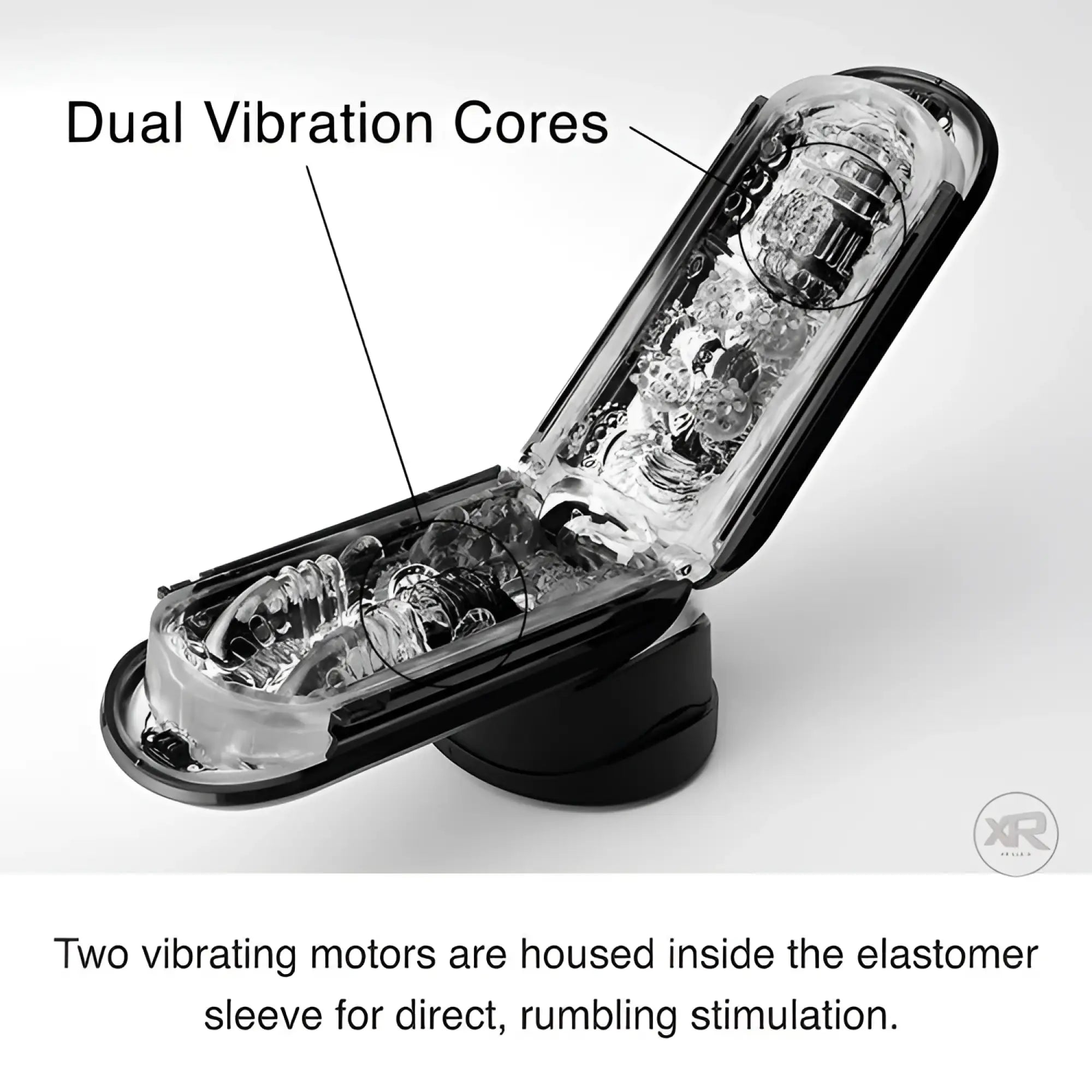 Tenga Black Flip 0-Zero opened to reveal a textured internal elastomer sleeve with dual vibration cores highlighted.