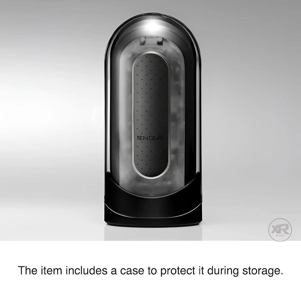 Tenga Black Flip 0-Zero electronic stroker in a sleek, upright black protective case against a light grey background.