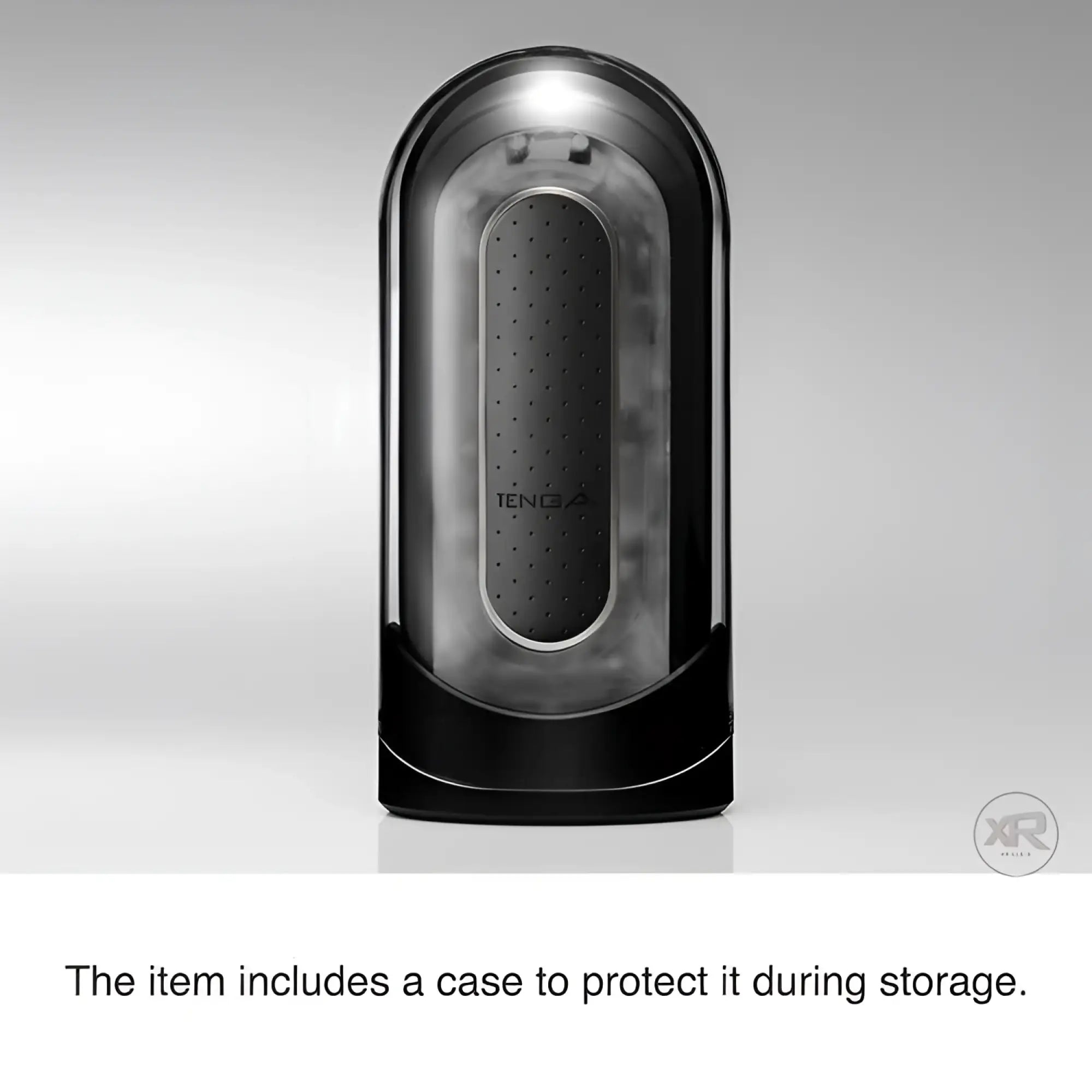 Tenga Black Flip 0-Zero electronic stroker in a sleek, upright black protective case against a light grey background.