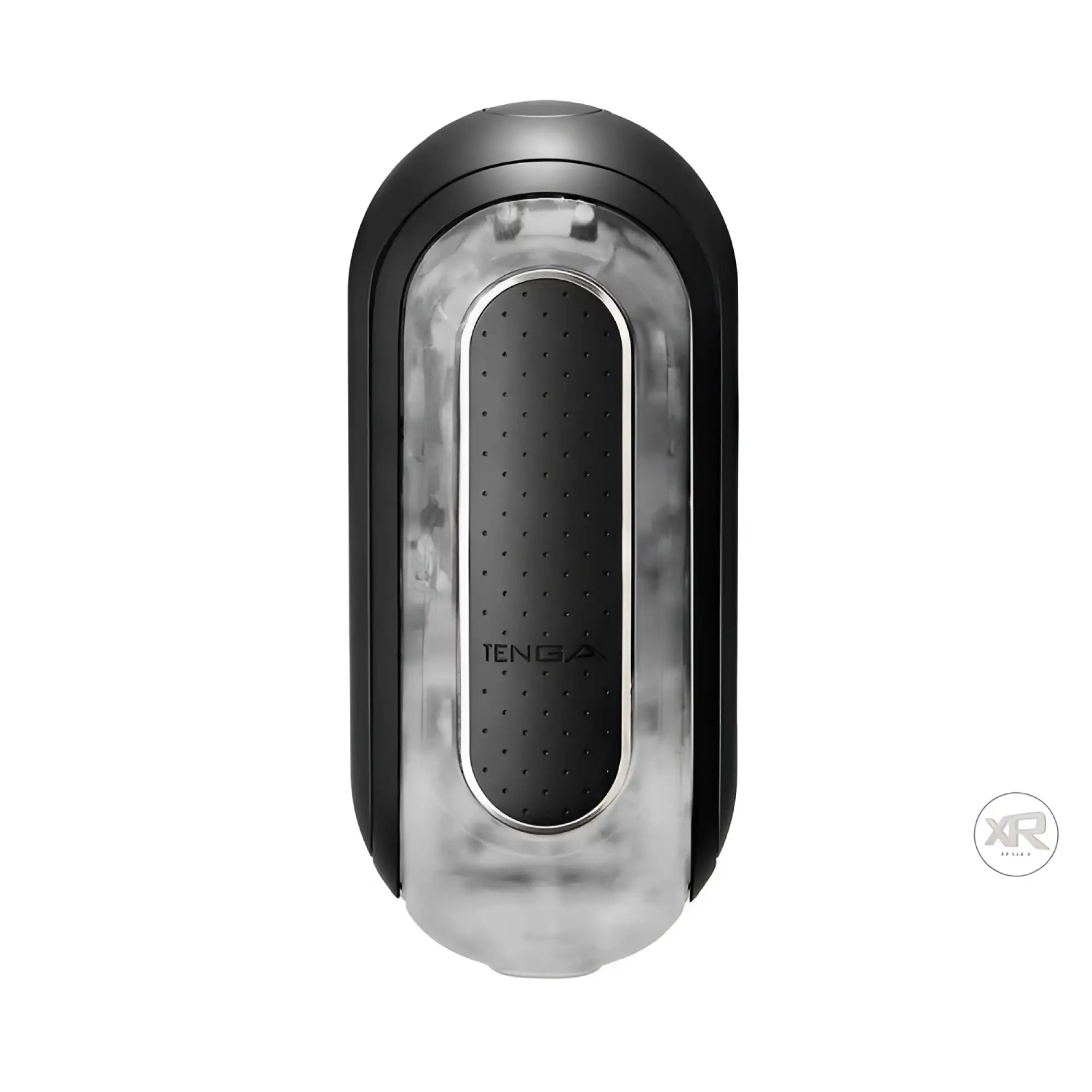 Tenga Black Flip 0-Zero Electronic Vibration Stroker in matte black with a semi-transparent, textured internal core.