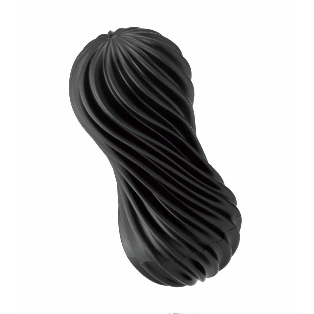 Tenga Flex: a black, hourglass-shaped pleasure sleeve featuring a flexible, deeply ribbed, wave-like texture.