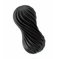 Tenga Flex: a black, hourglass-shaped pleasure sleeve featuring a flexible, deeply ribbed, wave-like texture.