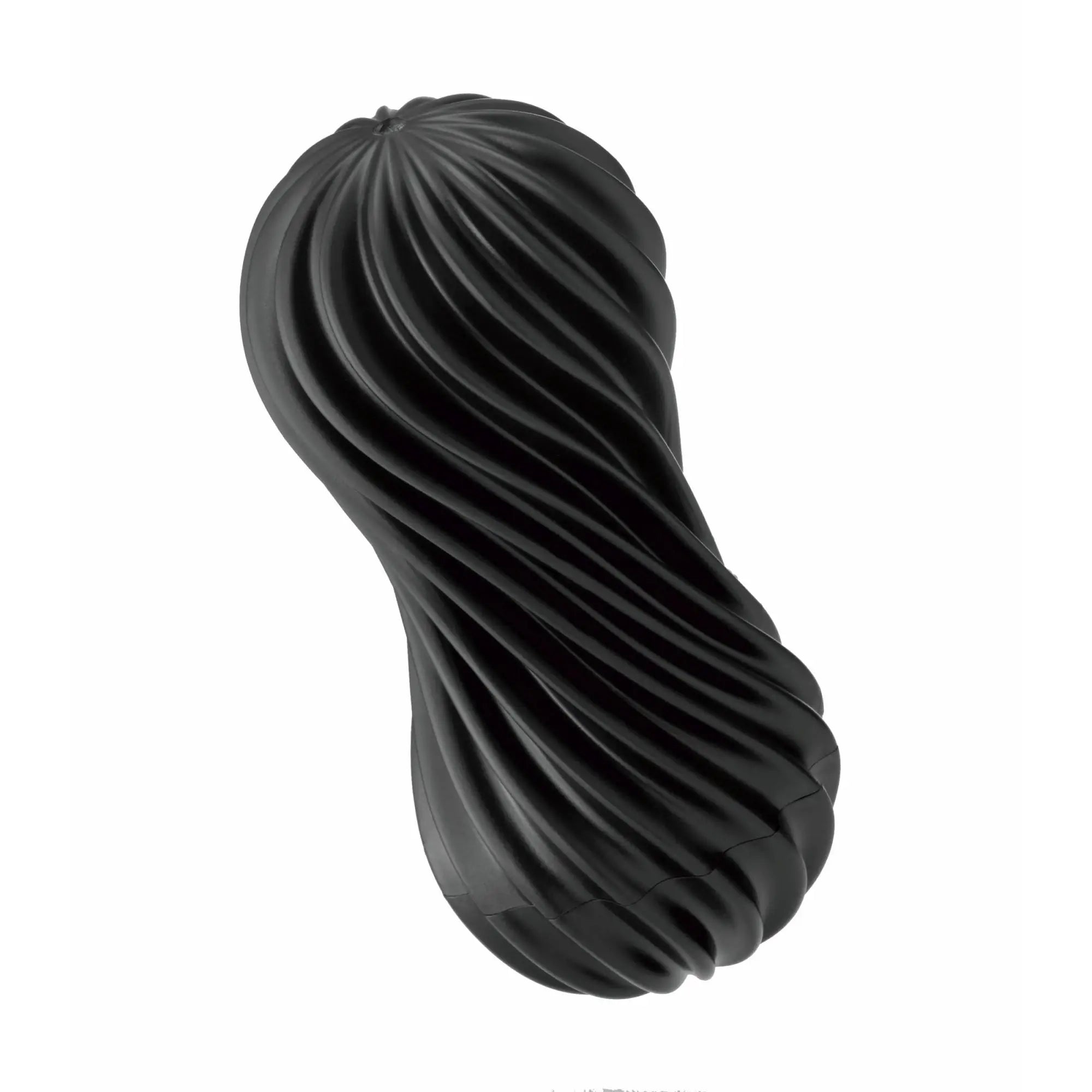 Tenga Flex: a black, hourglass-shaped pleasure sleeve featuring a flexible, deeply ribbed, wave-like texture.