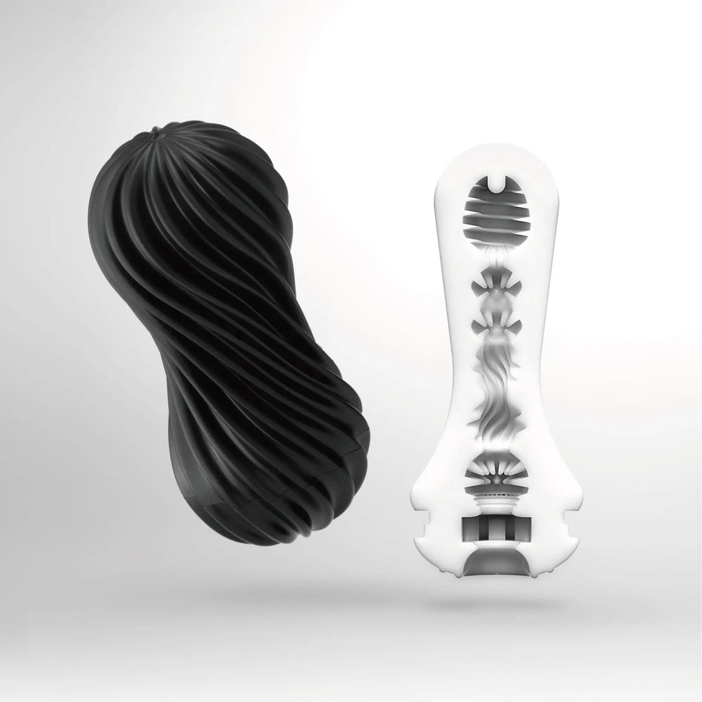Tenga Flex: black, spiraled outer sleeve next to its white, textured internal structure on a white background.