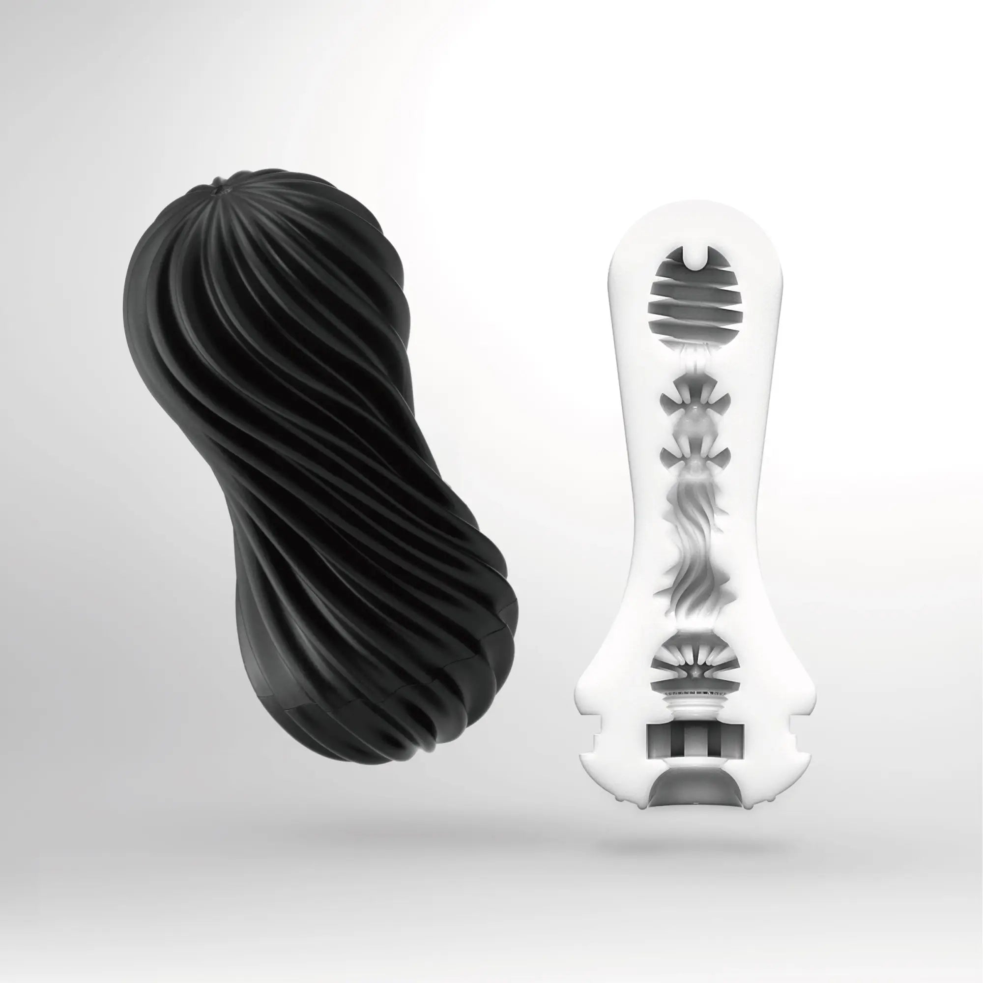 Tenga Flex: black, spiraled outer sleeve next to its white, textured internal structure on a white background.