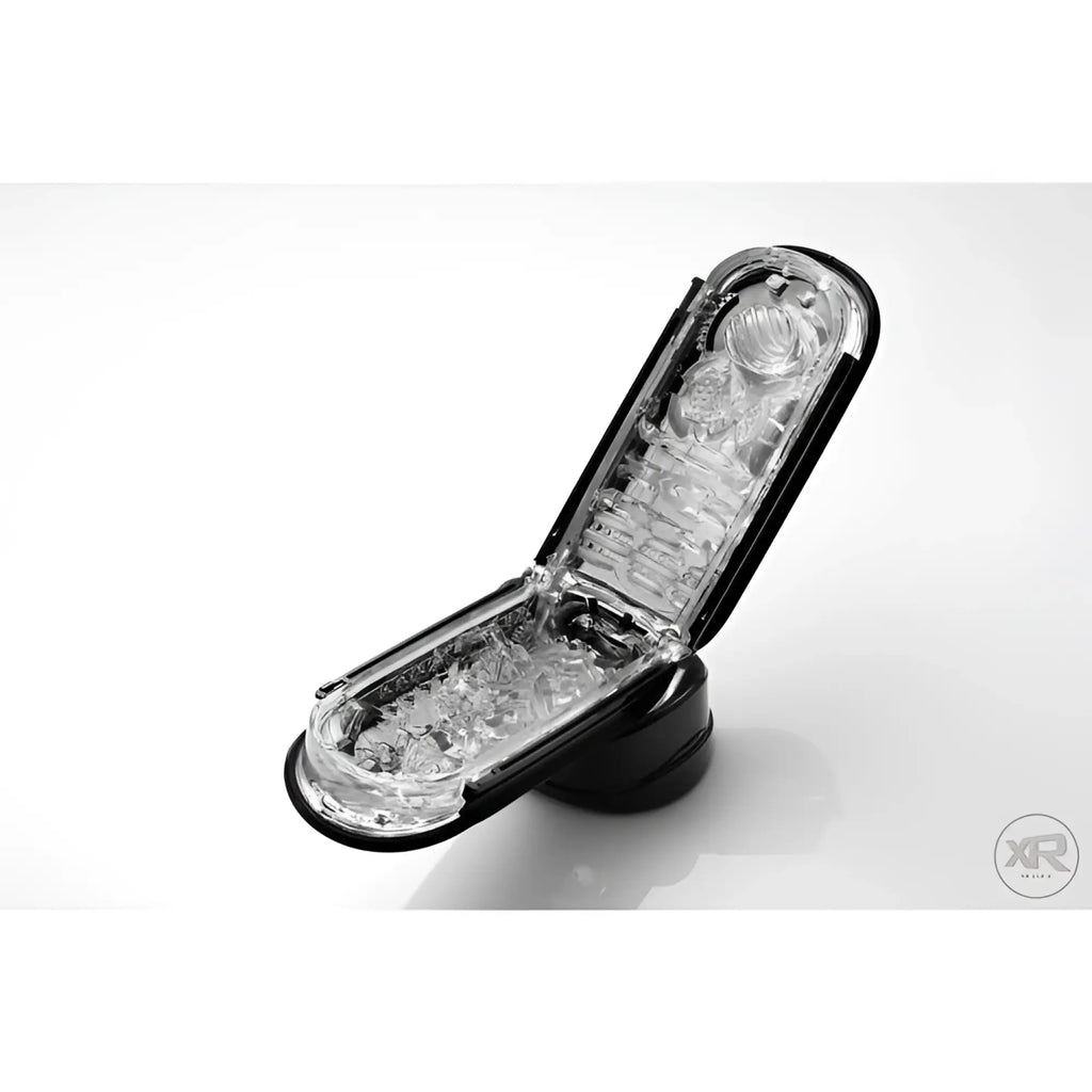 Tenga Flip 0-Zero Black open in a side view, showcasing its detailed clear textured interior and sleek black exterior.