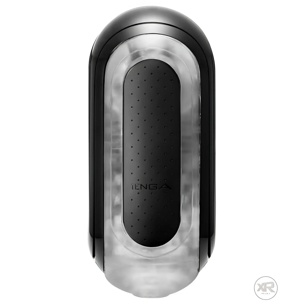 Tenga Flip 0-Zero Black: A sleek, oval, black and clear-cased male masturbator with an interior textured sleeve.