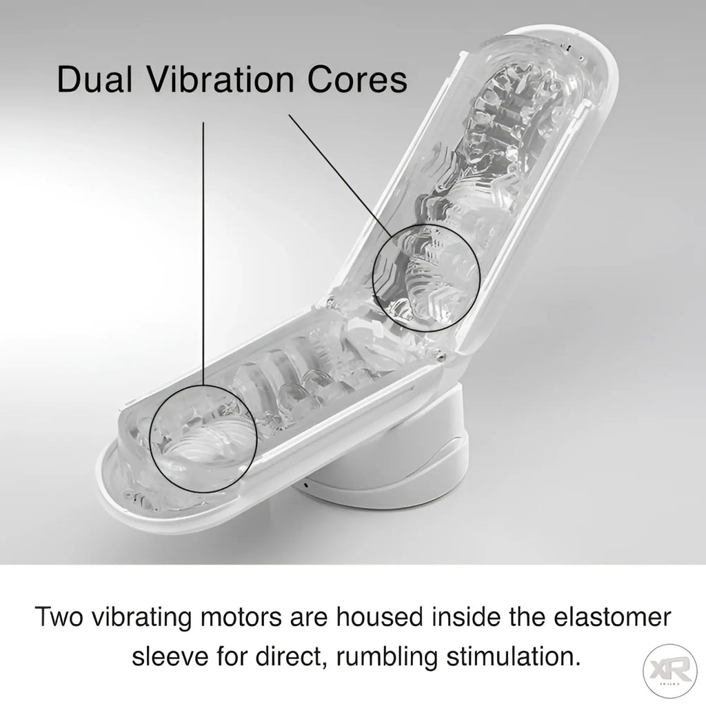 Tenga Flip 0-Zero stroker in white, shown open with a transparent textured sleeve and two highlighted vibration cores.