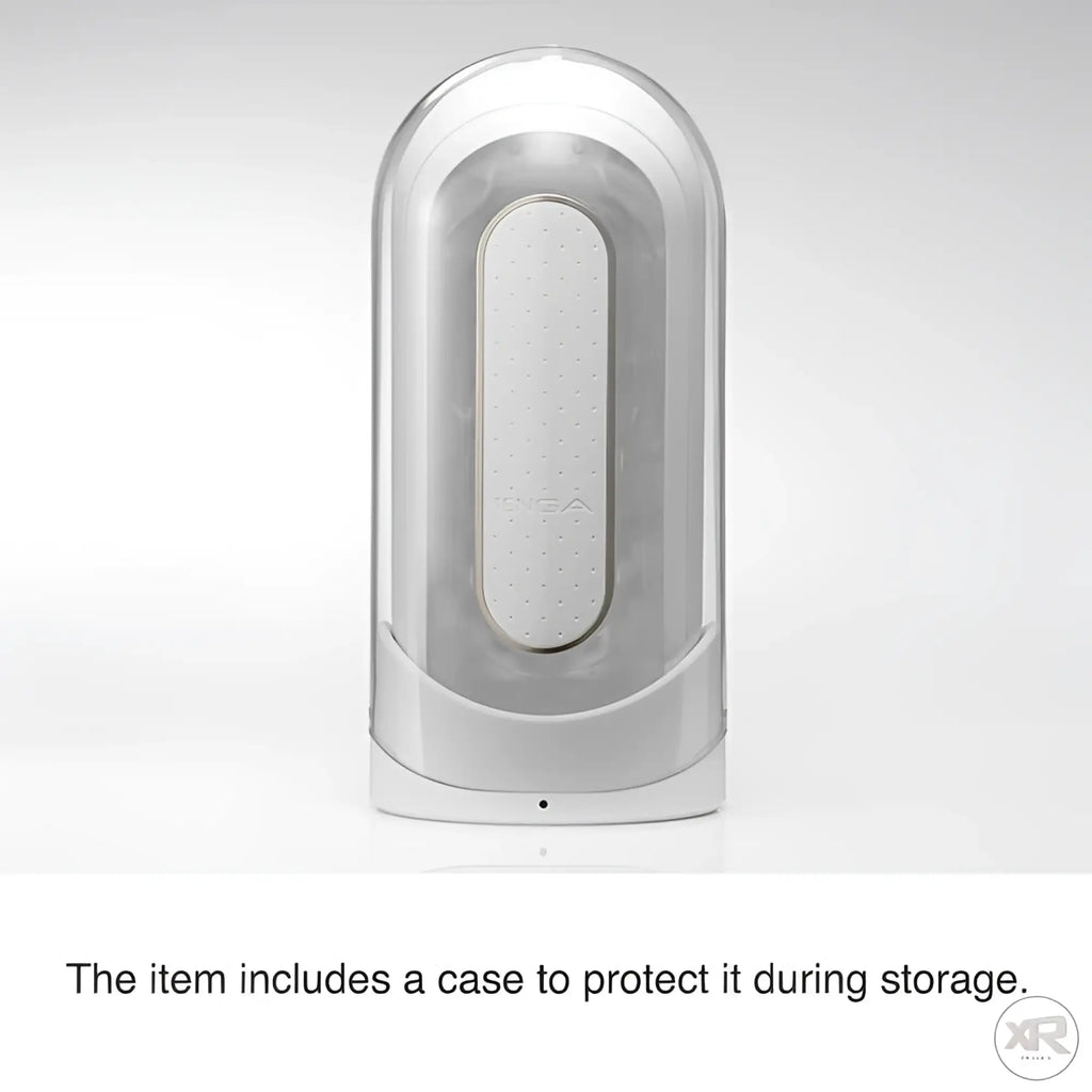 Tenga Flip 0-Zero Electronic Vibration Stroker in a sleek, white protective storage case against a white background.