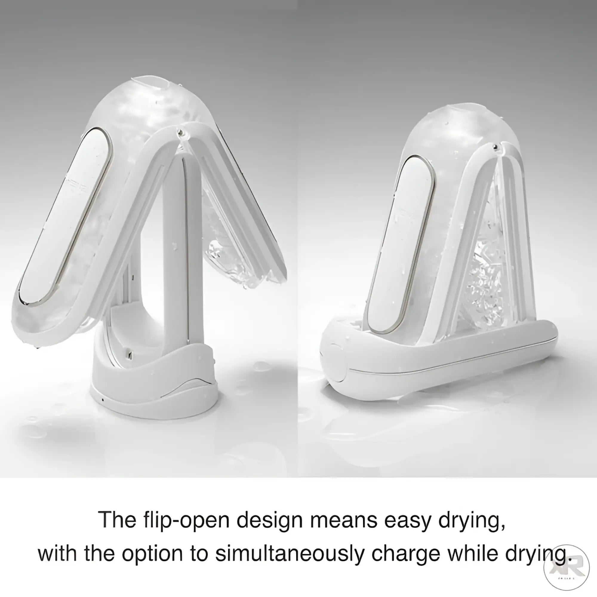 Tenga Flip 0-Zero white electronic stroker shown in open, drying positions, highlighting its sleek, flip-open design.