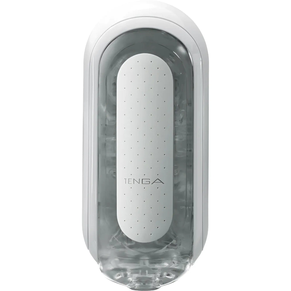 Tenga Flip 0 white male masturbator, featuring a sleek, oval-shaped design with a central perforated white panel.