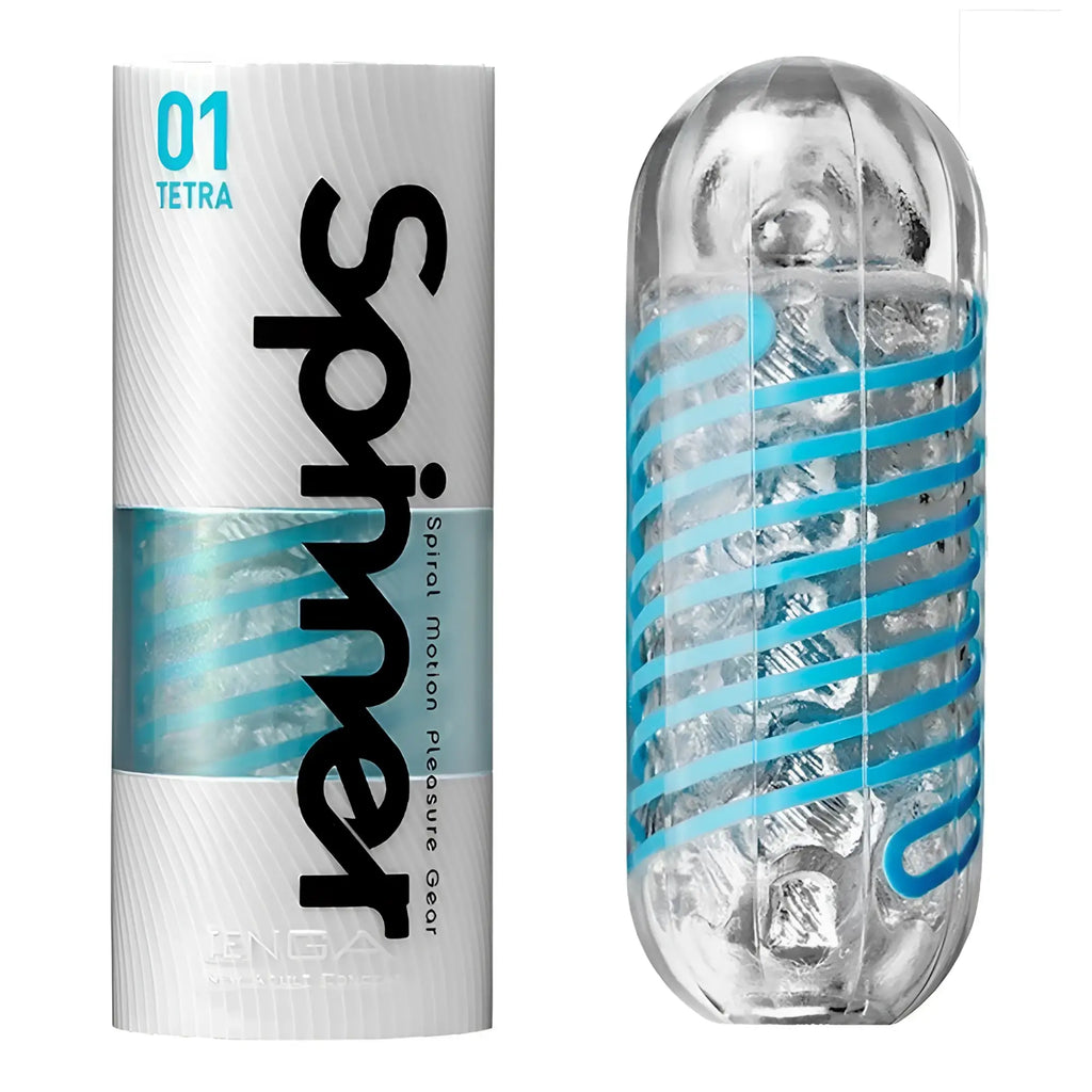 Tenga Spinner 01 Tetra Stroker with white branded packaging next to a clear, capsule-shaped device with blue spirals.
