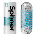 Tenga Spinner 01 Tetra Stroker with white branded packaging next to a clear, capsule-shaped device with blue spirals.