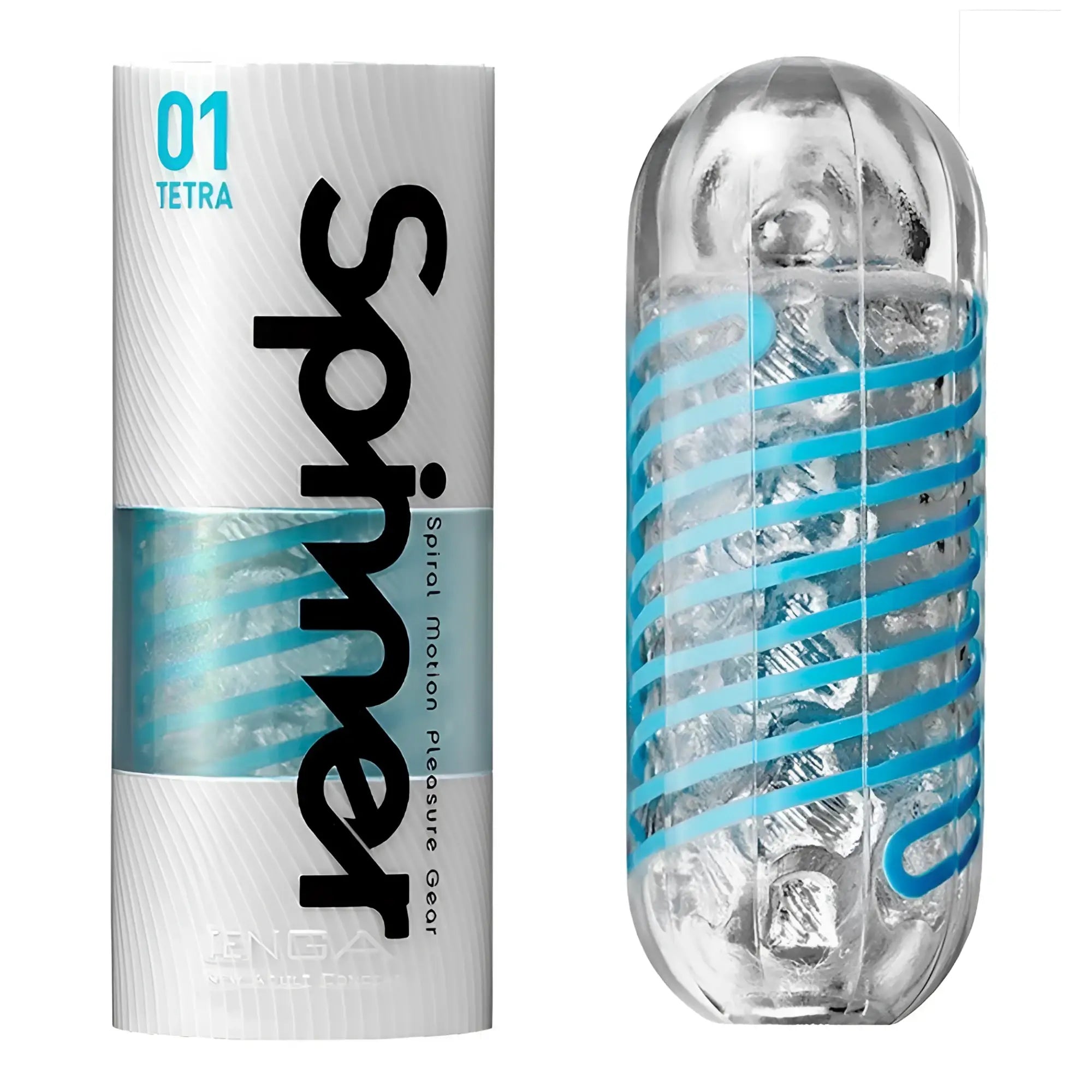 Tenga Spinner 01 Tetra Stroker with white branded packaging next to a clear, capsule-shaped device with blue spirals.