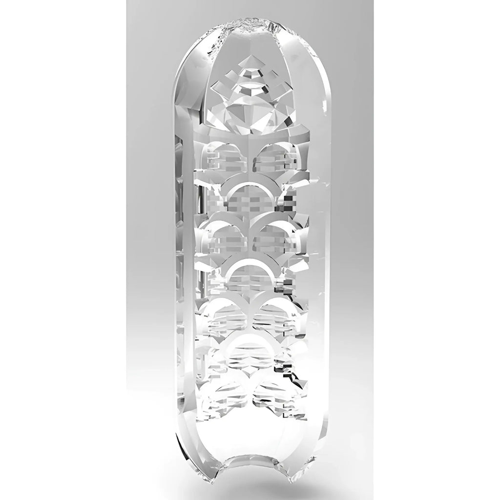 Tenga Spinner 03 Shell stroker in transparent silicone with intricate, faceted internal textures for stimulation.