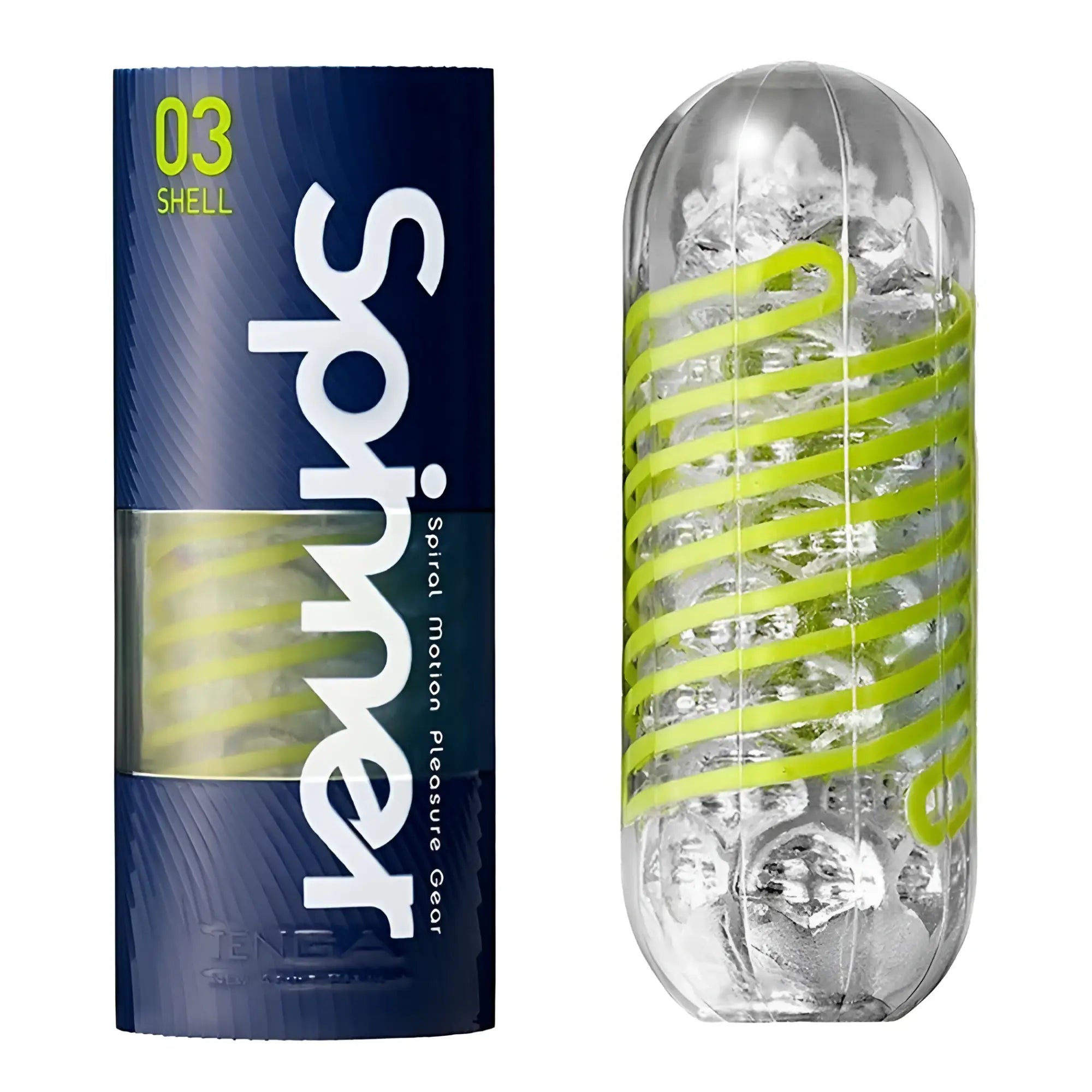 Tenga Spinner 03 Shell stroker in blue packaging next to its clear, capsule-shaped device with a lime green spiral.