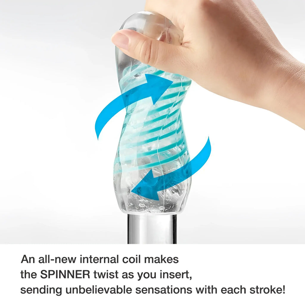 Tenga Spinner 03 Shell stroker in clear with a teal internal coil, being twisted by a hand against a white background.