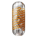 Tenga Spinner 05 Beads stroker: a cylindrical, clear silicone sleeve featuring internal bead textures and orange coils.