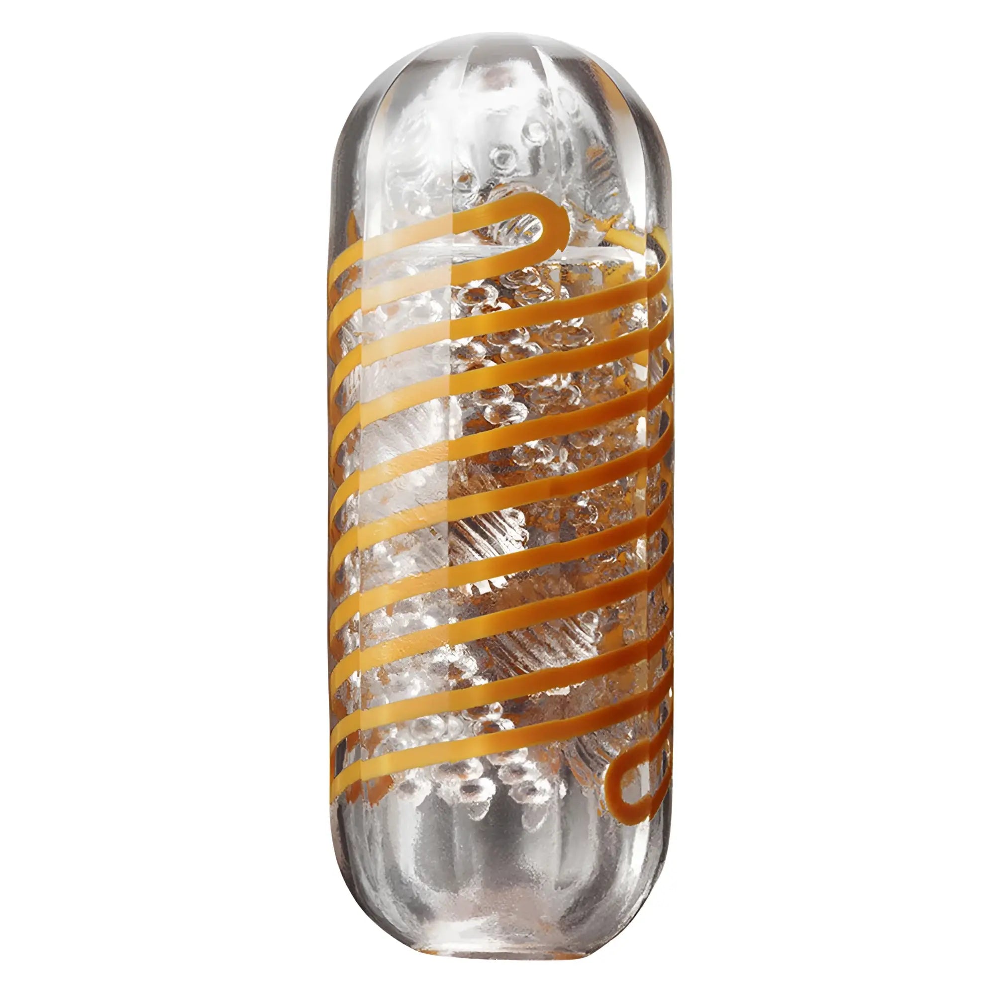 Tenga Spinner 05 Beads stroker: a cylindrical, clear silicone sleeve featuring internal bead textures and orange coils.