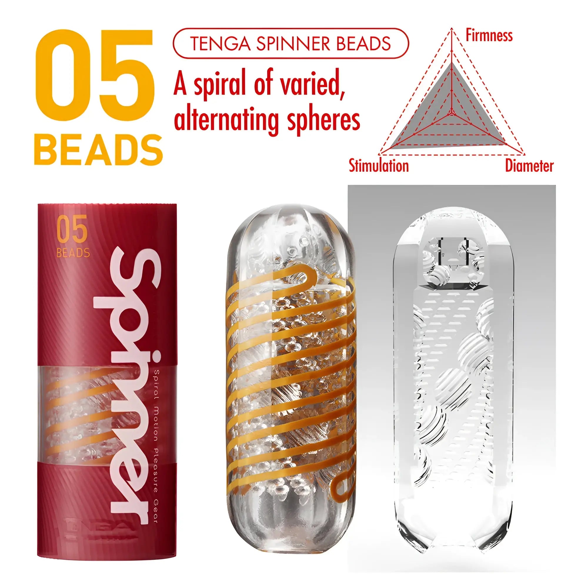 Tenga Spinner 05 Beads stroker: a clear capsule with internal spiraling beads and an orange-accented exterior sleeve.
