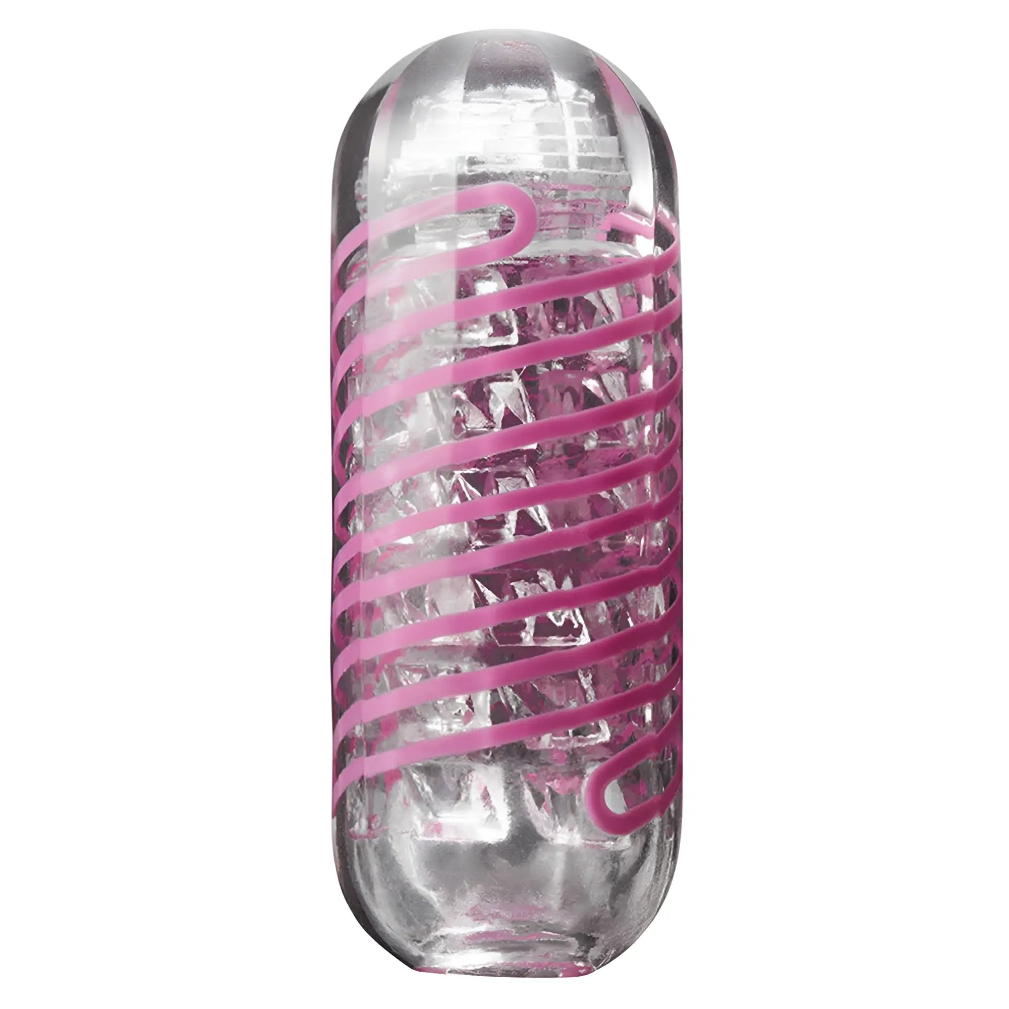 Tenga Spinner 06 Brick Stroker: A clear, cylindrical masturbator with a pink spiral design and interior block texture.