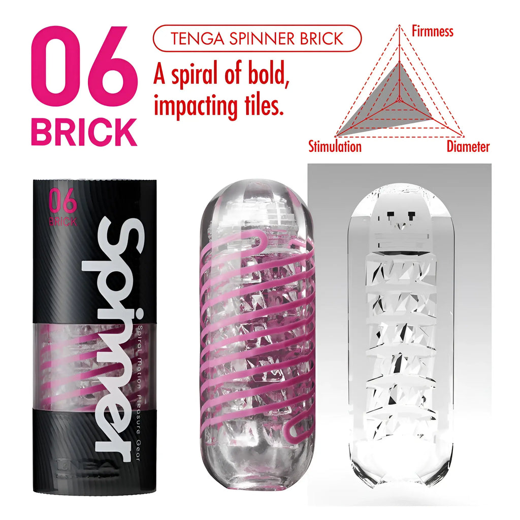 Tenga Spinner 06 Brick stroker, a clear cylindrical masturbator with a pink spiral design and textured interior details.