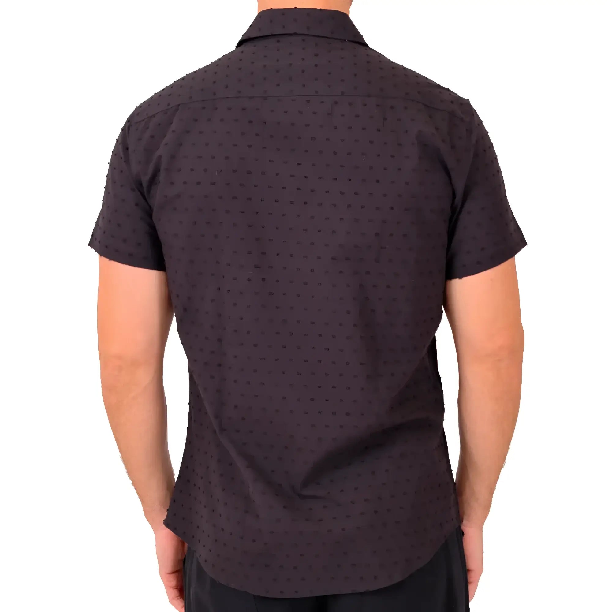 Black short-sleeved button-down shirt with subtle dot texture perfect for casual and smart casual wear