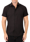 Black short-sleeved button-up shirt with a subtle dotted texture perfect for casual or smart occasions