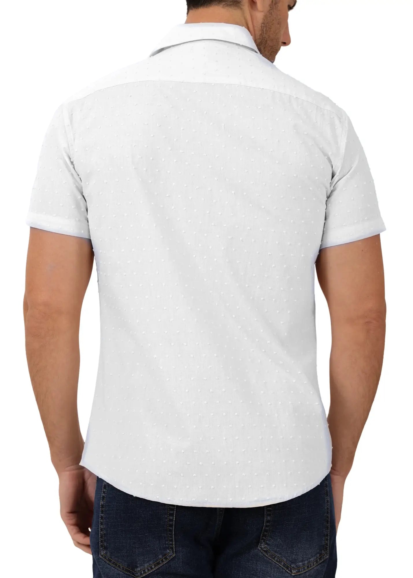 White short-sleeved button-down shirt with subtle dotted pattern featuring textured dots for casual wear