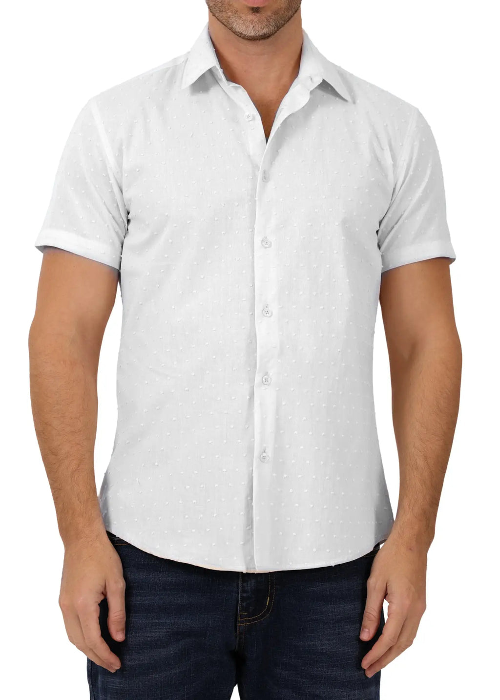 White short-sleeved button-up shirt with subtle dot texture perfect for casual and smart casual wear