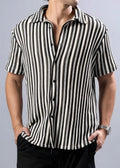 Black and white vertically striped short-sleeved button-up shirt with a textured knit pattern for casual wear