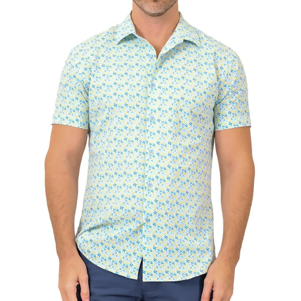 A light blue and pale yellow texture mini floral short-sleeved button-up shirt with a subtle repeating pattern