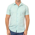 A light blue and pale yellow texture mini floral short-sleeved button-up shirt with a subtle repeating pattern