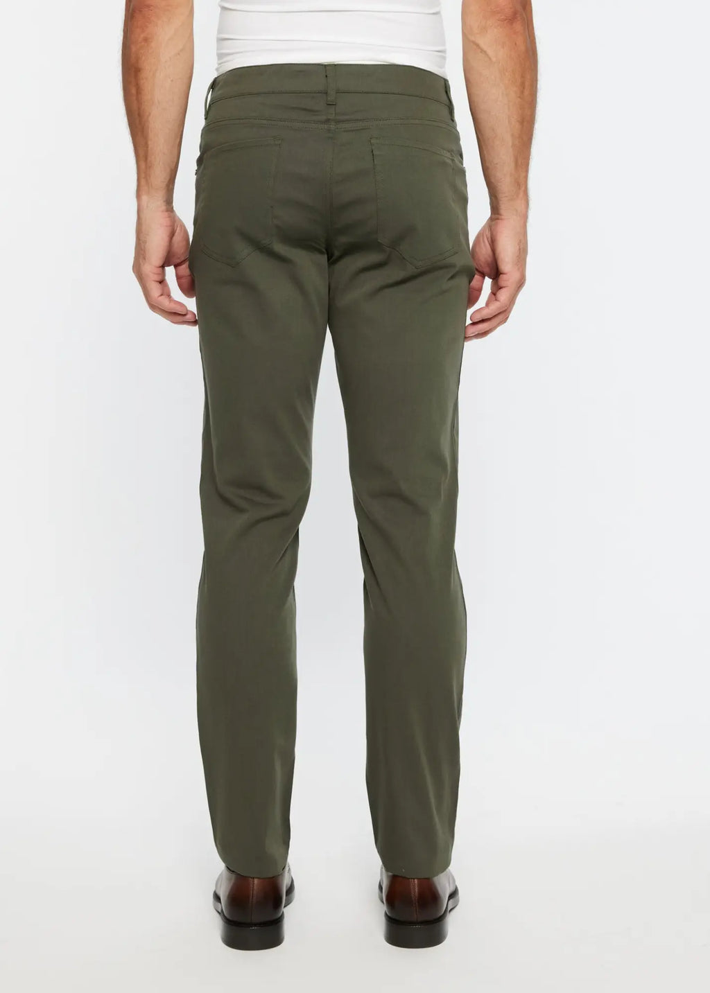 Olive green textured 5 pocket stretch woven jeans with slim fit and subtle stitching details in chino style