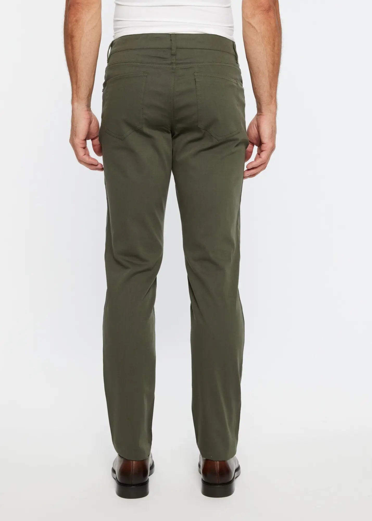 Olive green textured 5 pocket stretch woven jeans with slim fit and subtle stitching details in chino style