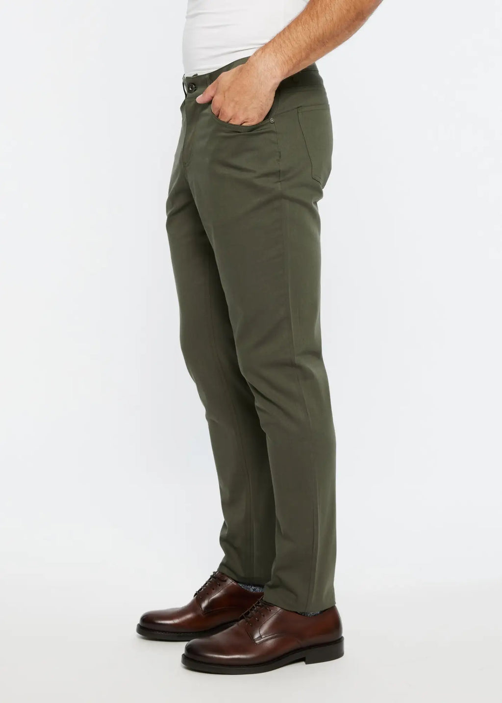 Olive green slim-fit chino pants made from textured stretch woven fabric with 5 pockets for versatile wear