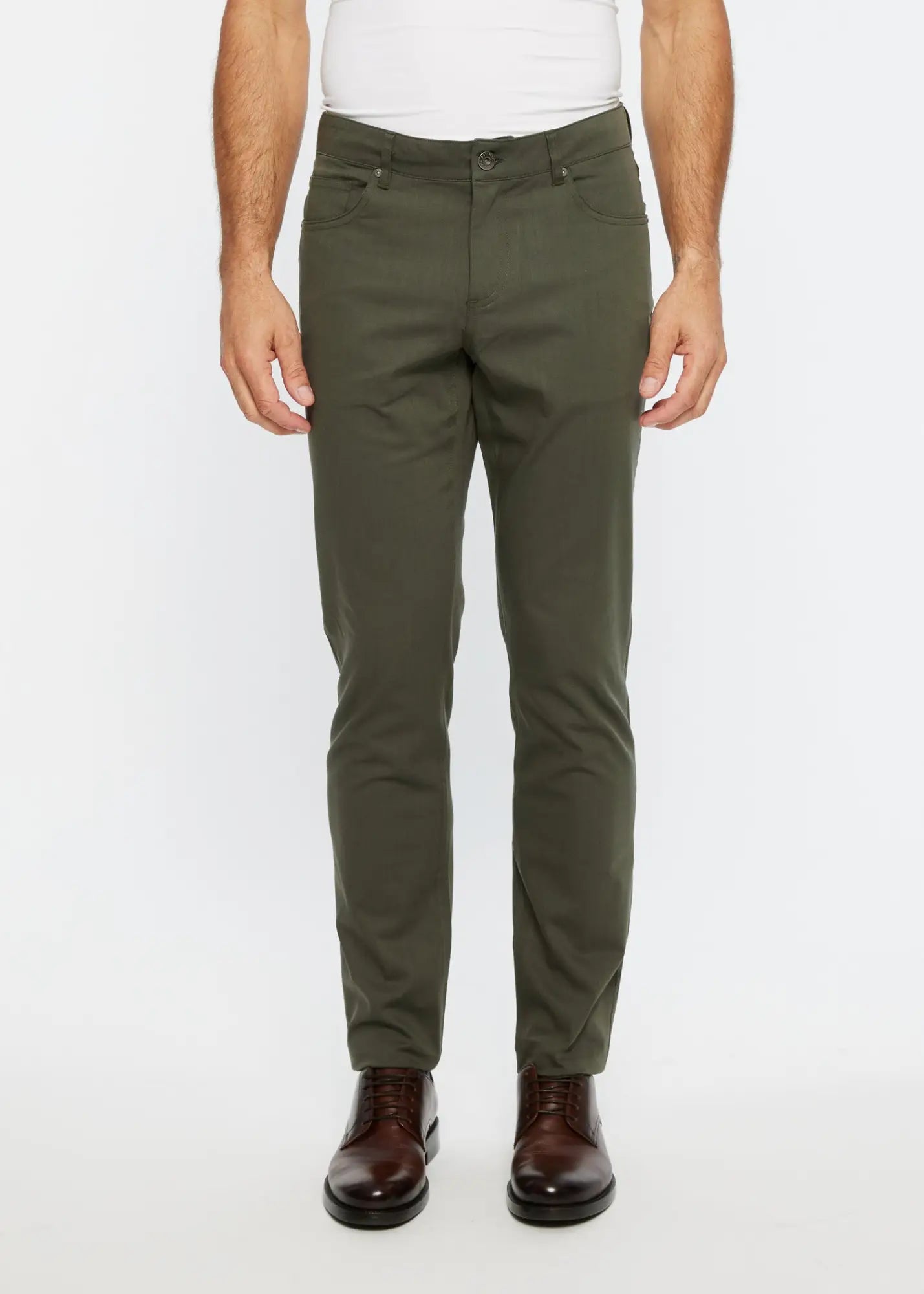 Olive green slim-fit textured 5 pocket stretch woven chino pants ideal for casual and smart casual wear