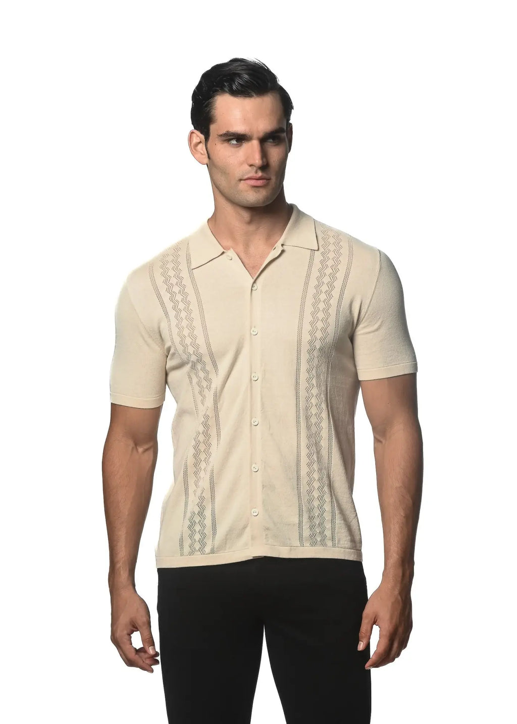 Beige short-sleeved textured button front cotton knit shirt with subtle geometric patterned stripes down the front